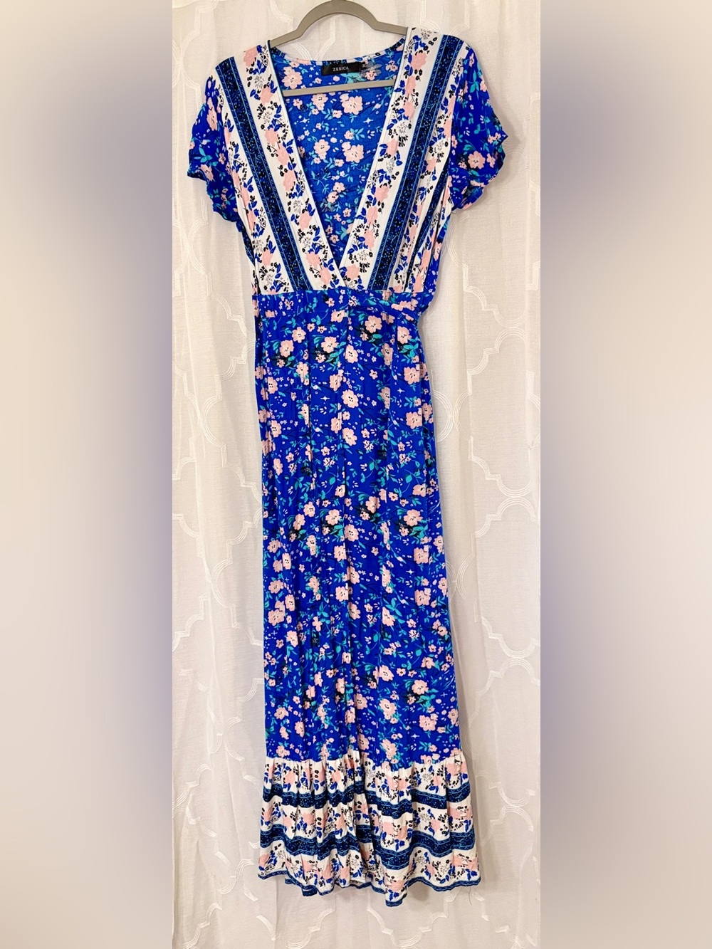 ZESICA Blue Floral Boho Maxi Wrap Dress | Cottagecore Prairie Dress | Medium